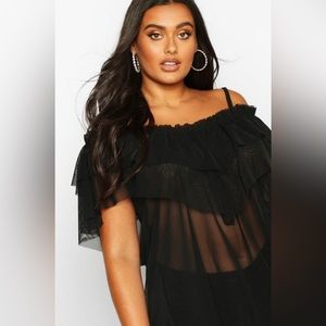 BOOHOO Cold Shoulder Ruffle Mesh Top